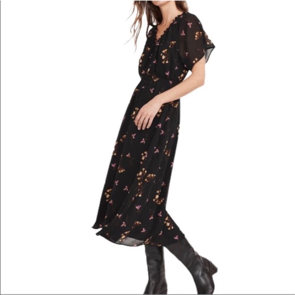 Madewell black floral flutter sleeve midi dress